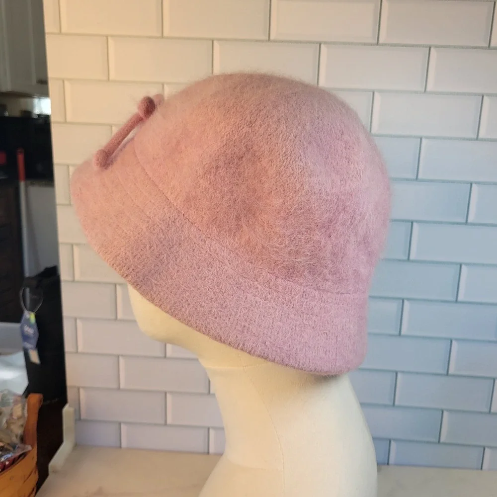Angora Rabbit Fur Bucket Hat Blend Fuzzy Rosy Lilac Bow Accent Y2K Streetwear